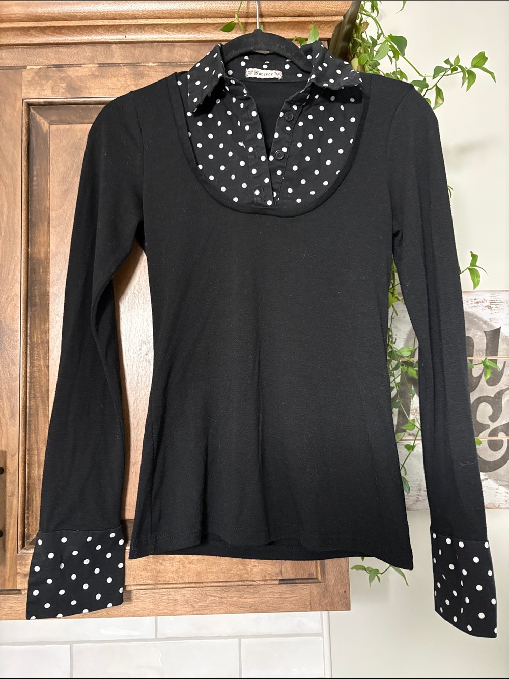 Forever 21 Black Layered-Look Button Down Polka Dot Detail Top